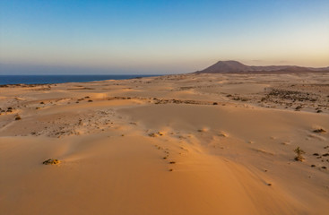 Obraz na płótnie Canvas High angle view of road going through Corralejo dunes nature park in Fuerteventura. Aerial drone shot in october 2019