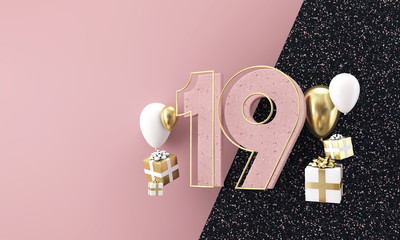 Happy 19th birthday party celebration. Modern marble composition 3D Render