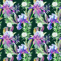Iris and peony flower, seamless pattern.