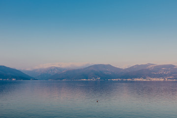 Sunset beautiful panoramic view of bay near Tivat, Montenegro. - Image