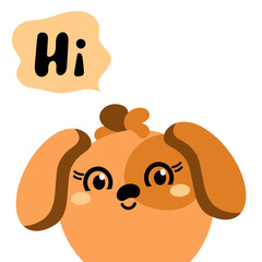 The head of a puppy , cute face. Hi, text. Vector animal . Kawaii . The flat design is isolated on a white background. Design greeting cards and more