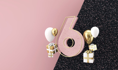 Happy 6th birthday party celebration. Modern marble composition 3D Render