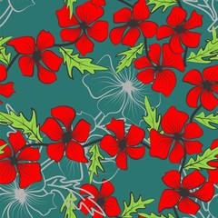 Red flowers for decorative design. Vector floral template. Abstract seamless pattern on green backdrop. Textile print design. Vector flowers design illustration.