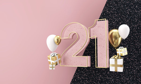 Happy 21st birthday party celebration. Modern marble composition 3D Render