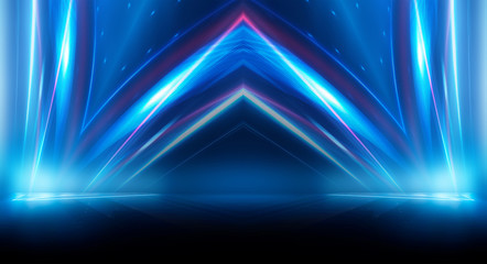 Dark background with lines and spotlights, neon light, night view. Abstract blue background.