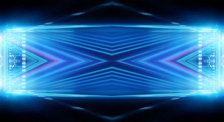 Fototapeta na wymiar Dark background with lines and spotlights, neon light, night view. Abstract blue background.