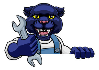 A panther cartoon animal mascot plumber, mechanic or handyman builder construction maintenance contractor peeking around a sign holding a spanner or wrench