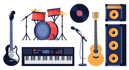 Big set of musical instruments for rock music tools element - electric guitar, synthesizer, drum set in red, microphone, speaker system. Concert equipment vector retro flat style on white background.