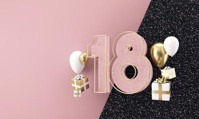 Happy 18th birthday party celebration. Modern marble composition 3D Render