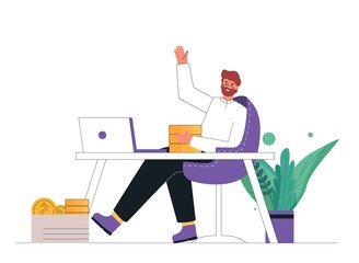 Flat cartoon vector illustration of a young businessman sitting, relaxing and making money passively. Finance, investment, wealth, passive income. Workplace with laptop, table, plant.  C