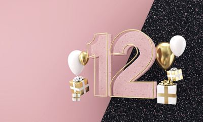 Happy 12th birthday party celebration. Modern marble composition 3D Render