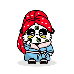 A cute kawaii panda bathed in the shower. The bear stands in a robe and a towel with a mask on his face. Spa treatments and rest. Vector isolated object sticker on a white background.