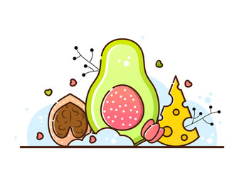 Vector illustration of keto diet on a white background. Nut, salmon steak and cheese. Useful products for weight loss, cooking. The menu for the restaurant and cafe. Linear style.