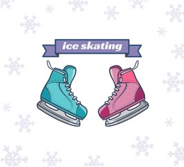Ice hockey skates with text "ice skating". Flat cartoon style vector illustration on white background.