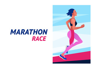 Running woman. Marathon race. Sports competition, workout or exercise, athletics. Active lifestyle. Colorful vector illustration.