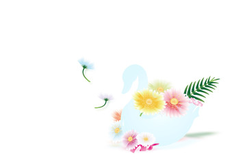 スワンの器にガーベラのカラフルな花のイラスト横スタイルホワイト背景素材