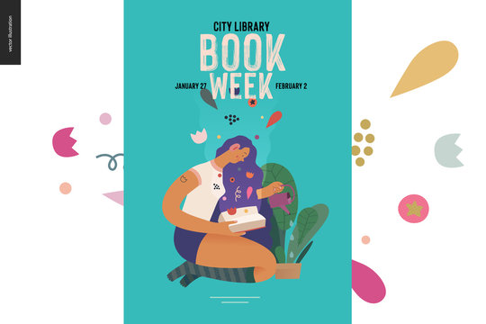 Watering poster design template -World Book Day graphics -book week events. Modern flat vector concept illustrations of reading people -a brunette girl with watering a plant in the pot, reading a book