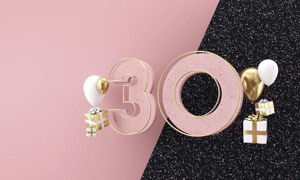 Happy 30th Birthday Party Celebration. Modern Marble Composition 3D Render