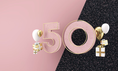 Happy 50th birthday party celebration. Modern marble composition 3D Render