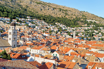 Fototapeta na wymiar Panorama on Old city with church belfry in Dubrovnik