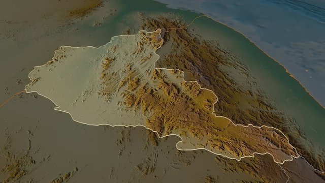 Anseba, region with its capital, zoomed and extruded on the relief map of Eritrea in the conformal Stereographic projection. Animation 3D