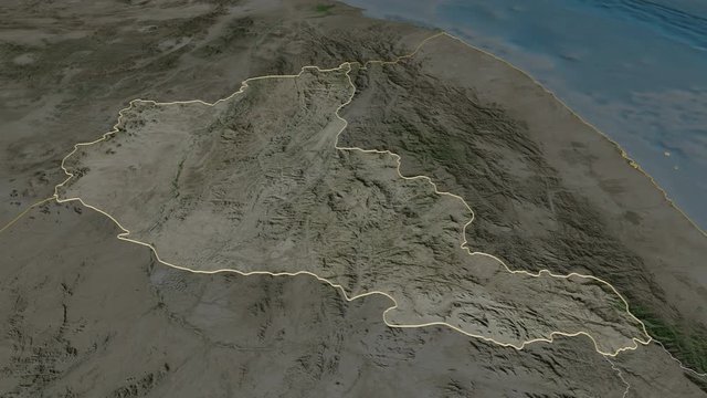 Anseba, region with its capital, zoomed and extruded on the satellite map of Eritrea in the conformal Stereographic projection. Animation 3D