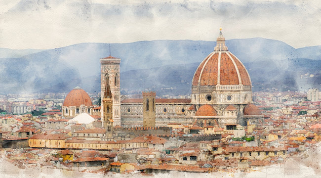 Watercolor painting of Florence, Italy. Cathedral Santa Maria del Fiore. Duomo of Firenze