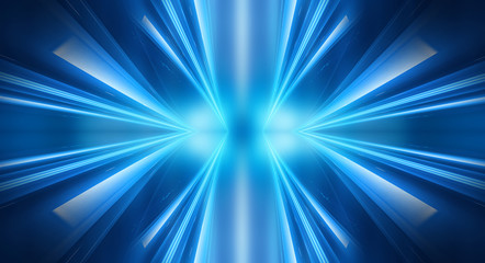 Obraz premium Dark empty abstract scene, rays of searchlights, neon blue light, highlights and lights. Night view of the scene, a tunnel with illumination. Dark background with spotlights.