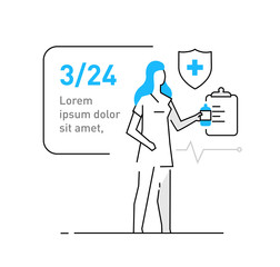 Woman stands with medicine, health, medication, treatment. Family, relationships, convenience, work, home. Infographics, line, advertising, banner, video