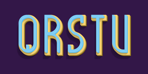 Q, R, S, T, U blue yellow volumetric letters. Urban 3d font.