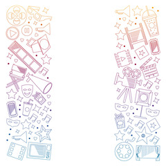 Cinema, video. Doodle set of vector icons. Megaphone, camera, movie. Musical theathre, entertaiment.