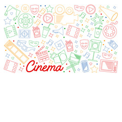 Cinema, video. Doodle set of vector icons. Megaphone, camera, movie. Musical theathre, entertaiment.