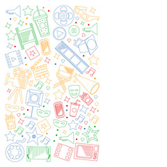 Cinema, video. Doodle set of vector icons. Megaphone, camera, movie. Musical theathre, entertaiment.