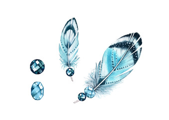 Watercolor feathers with gemstones. Realistic painting with vibrant turquoise wings and jewel stones. Boho style illustration isolated on white