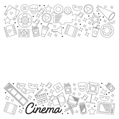 Cinema, video. Doodle set of vector icons. Megaphone, camera, movie. Musical theathre, entertaiment.