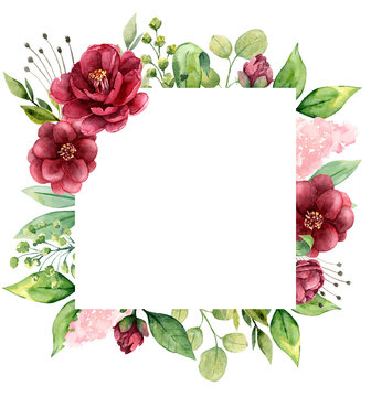 Watercolor green botanical flowers frame. Summer square frame template. Burgundy flowers and buds