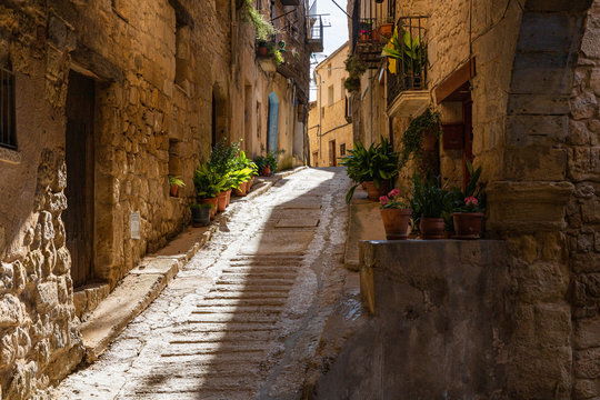 View of one of the medieval streets of the Horta de Sant Joan, Catalonia, Spain.