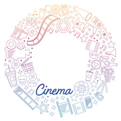 Vector pattern with cinema icons. Movie Theater, TV, popcorn, video clips, musical