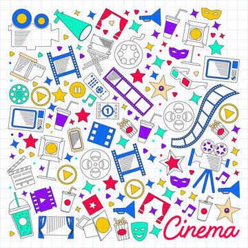 Vector pattern with cinema icons. Movie Theater, TV, popcorn, video clips, musical