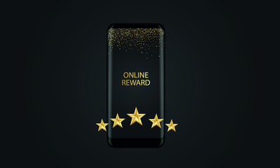 Online award, smartphone on a black background, five gold stars