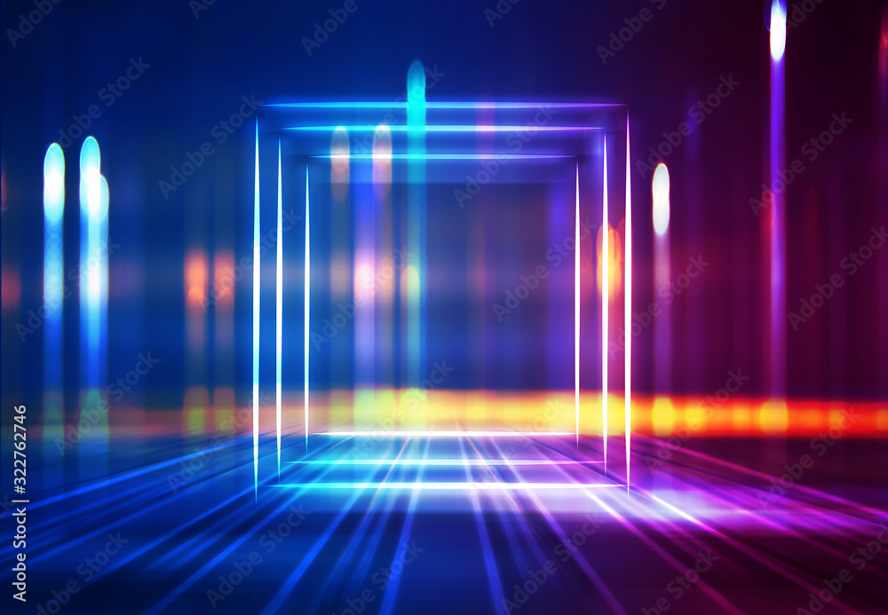 Poster dark abstract futuristic background. geometric laser figure in the center of the stage. neon blue-pi