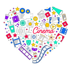 Vector pattern with cinema icons. Movie Theater, TV, popcorn, video clips, musical