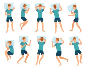Fototapeta na wymiar Man sleeps in different poses. Male character sleep, mans sleeping in bed top view vector illustration set. Collection of boy lying in various positions or postures during night rest or slumber.