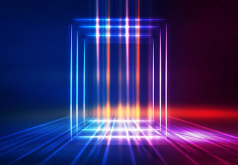 Dark abstract futuristic background. Geometric laser figure in the center of the stage. Neon blue-pink rays of light on a dark background
