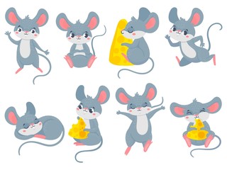 Cartoon mouse. Little cute mouses, funny small rodent pet and mice with cheese vector set. Collection of adorable friendly rats running, eating, sleeping. Bundle of happy domestic animals or pests.