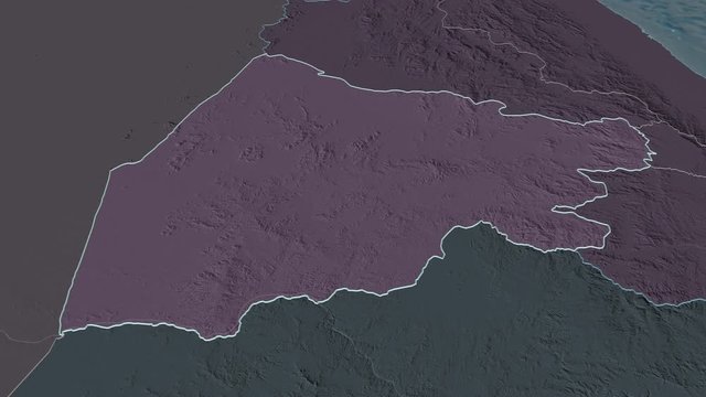 Gash Barka, region with its capital, zoomed and extruded on the administrative map of Eritrea in the conformal Stereographic projection. Animation 3D