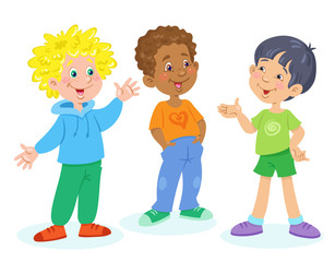 Three cheerful boys of different nationalities stand and talk friendly. In cartoon style. Isolated on a white background. Vector illustration.