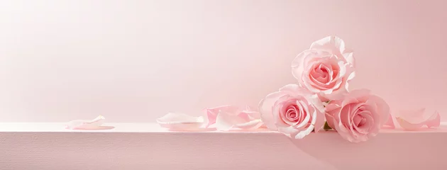 Foto op Aluminium Roze rozenblaadjes op pastelroze achtergrond © powerstock