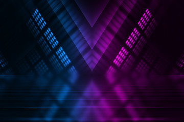 Abstract dark background with blue and pink neon glow. Neon lines of light. Background empty scene.