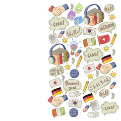 Vector icons. Language learning. Audio course. Spanish, english, italian, french, german, arabic, chinese.